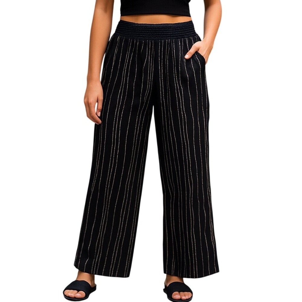 Nwt Life Style Striped Smocked‎ Waist Casual Pants Wide Leg Black White M